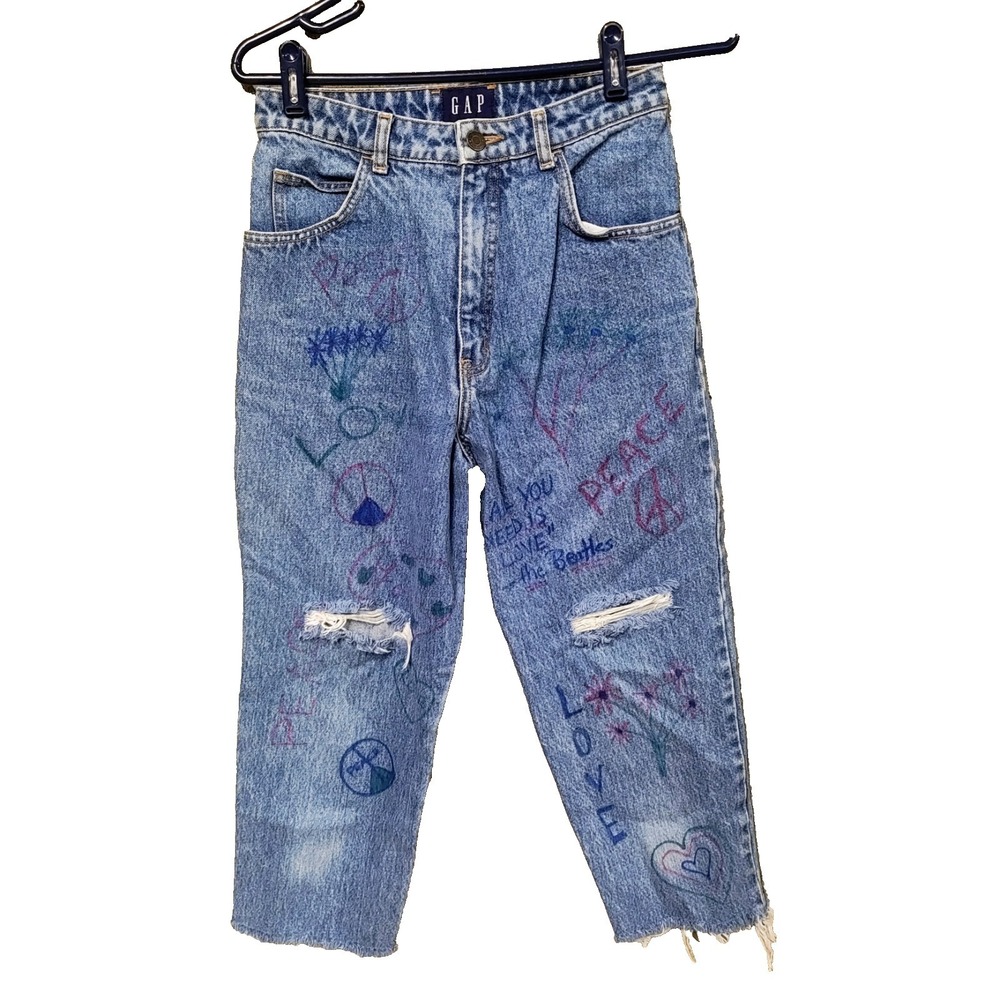 Vintage 90s GAP Capri Jeans Womens 5 / 6 Upcycled Peace Love Frayed High Waist
